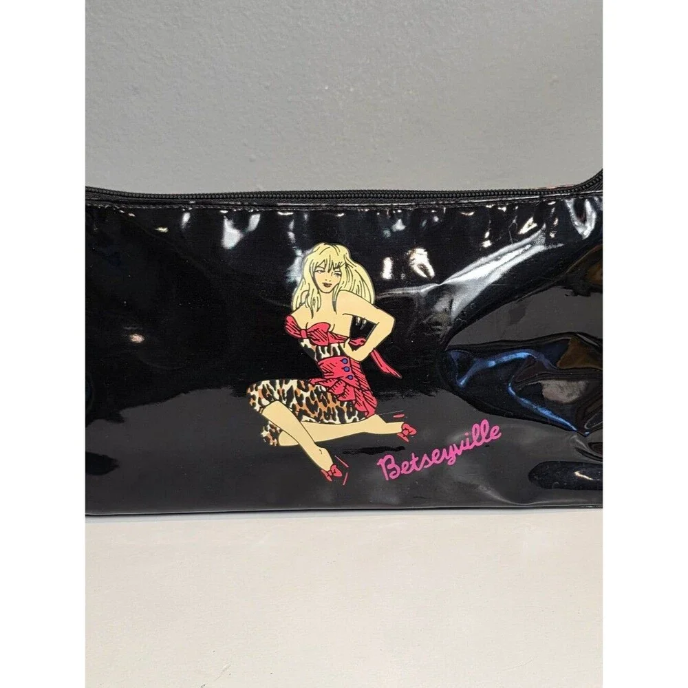 Betsey Johnson Black Vinyl Cosmetic Bag Pinup Leopard Print Glam Coquette Punk